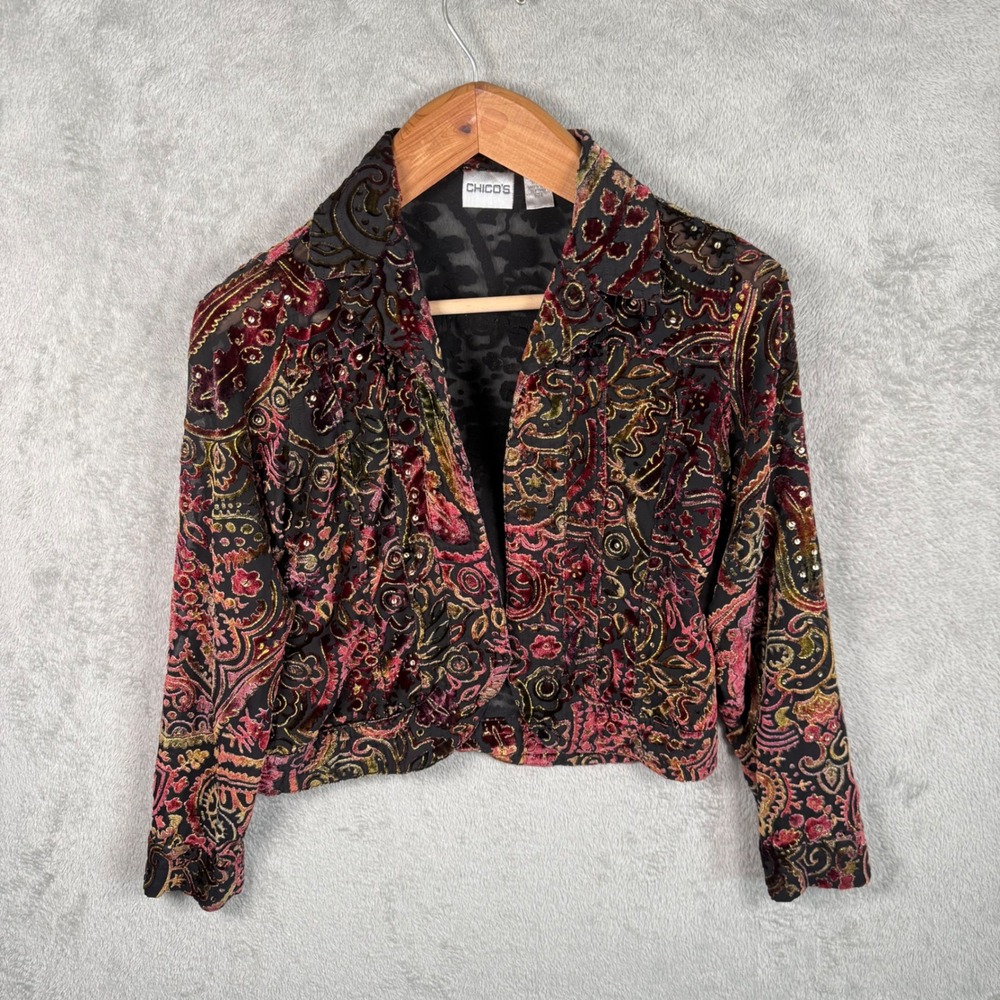 Chico's Jacket Women XS/S Black Paisley Velvet Burnout L/S Silk Blend Whimsigoth